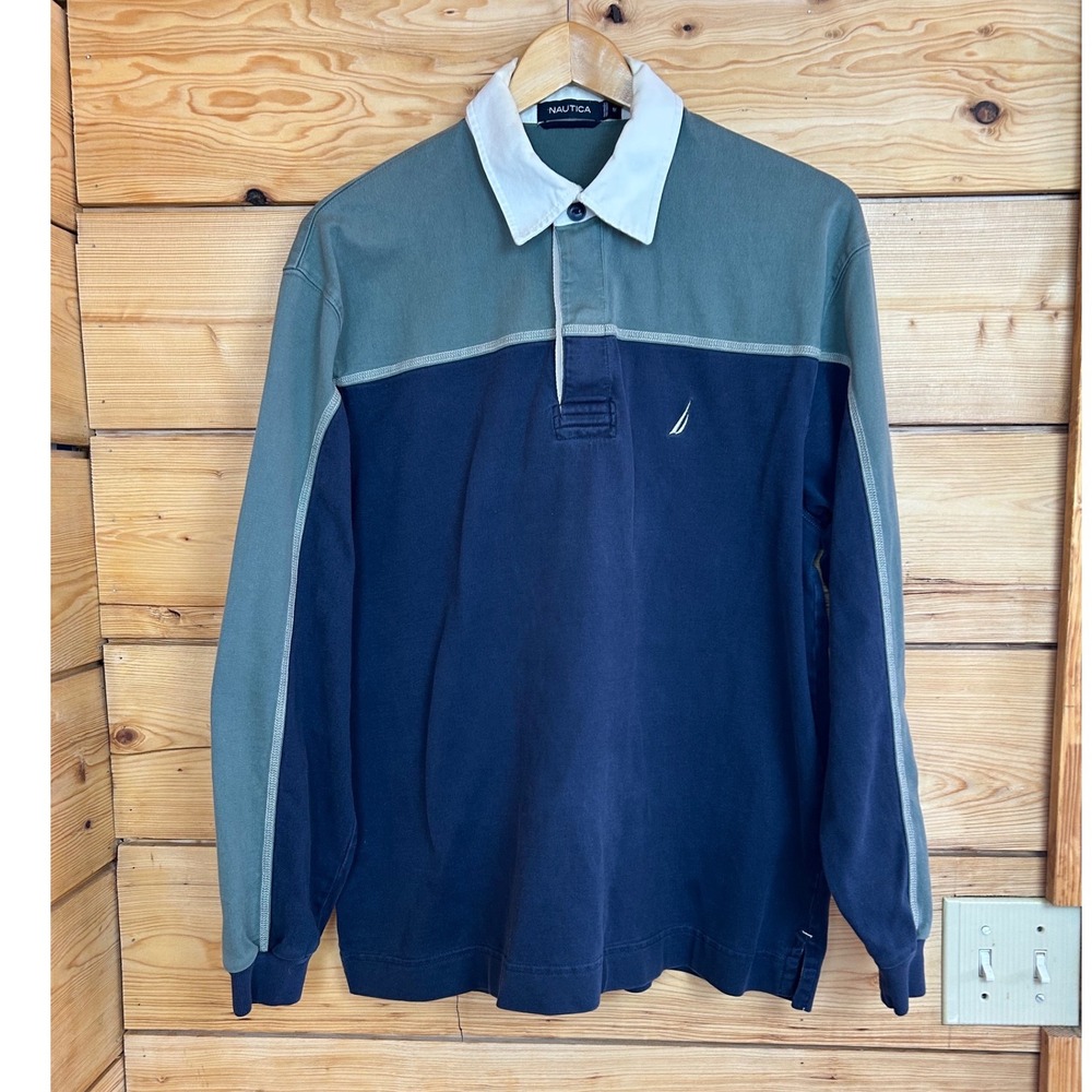 Vintage Nautica Mens Long Sleeve Rugby Shirt Navy Blue White Collar Medium